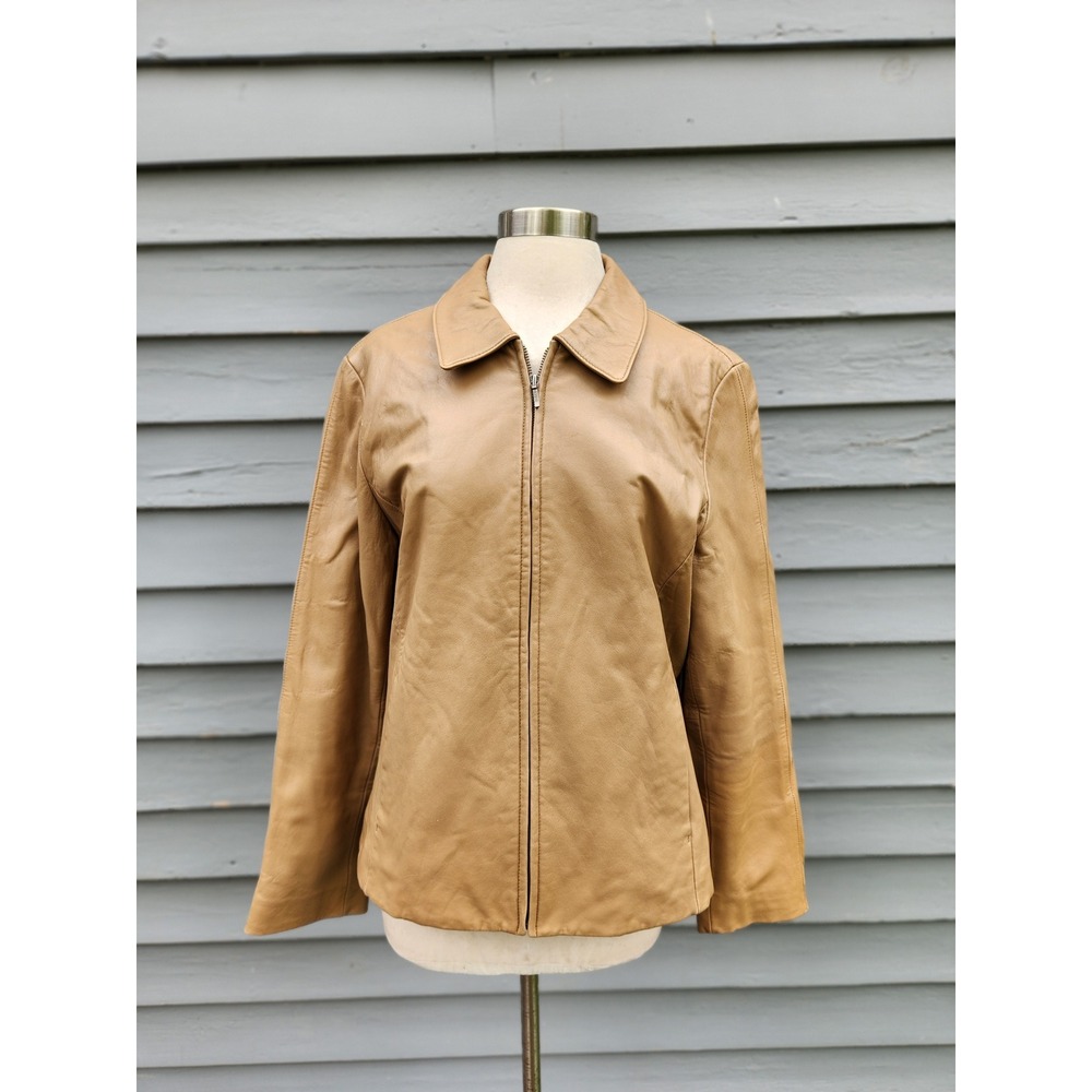 Vintage y2k Eddie Bauer Leather Jacket Tan Lambskin Full Zip Collared Size M‎